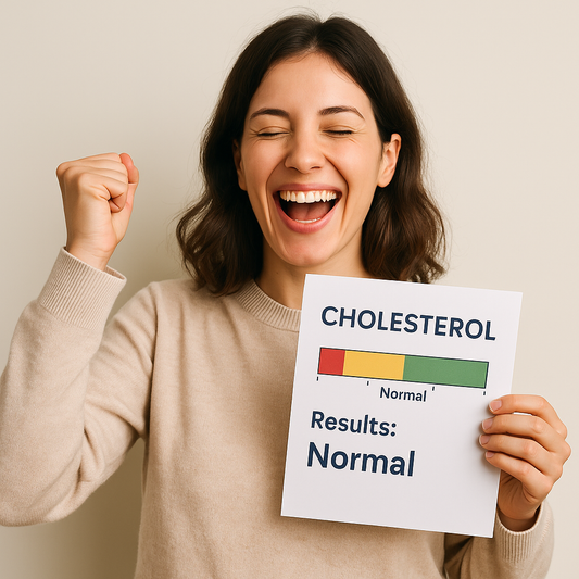 A woman feeling happy about her healthy cholesterol results at a routine exam