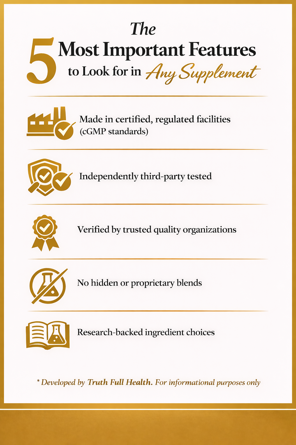 Guide to choosing high-quality dietary supplements, highlighting cGMP-certified facilities, third-party testing, quality certifications, transparent ingredient labels, and evidence-based ingredients.