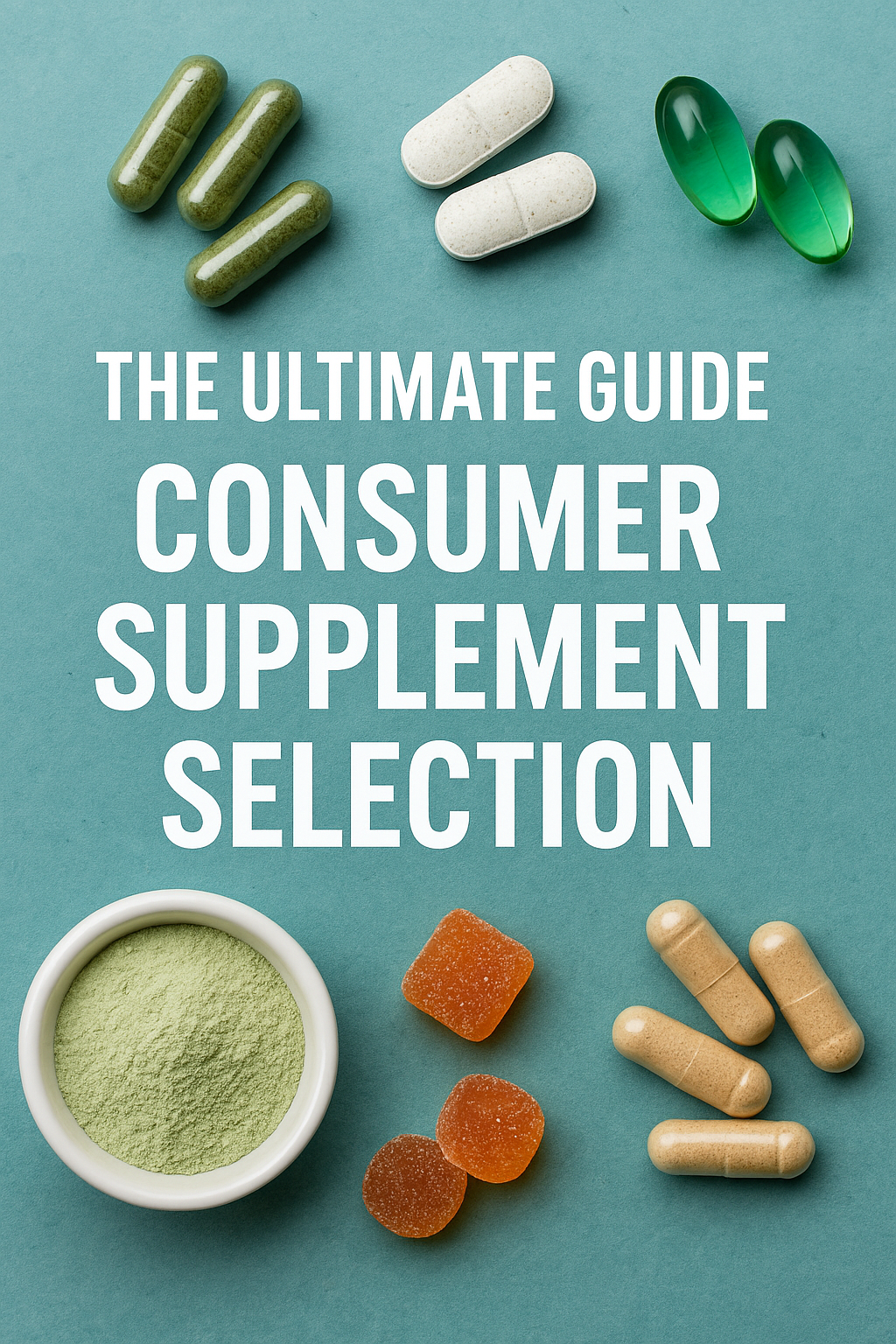 Different types of dietary supplements, including capsules, tablets, softgels, powders, and gummies, shown as examples of common supplement products discussed in consumer supplement guides