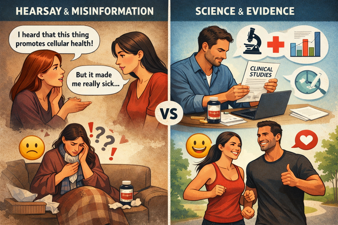 Split illustration contrasting supplement decisions: left shows hearsay and misinformation in supplement use leading to poor health, right shows science-based research and evidence leading to healthy outcomes
