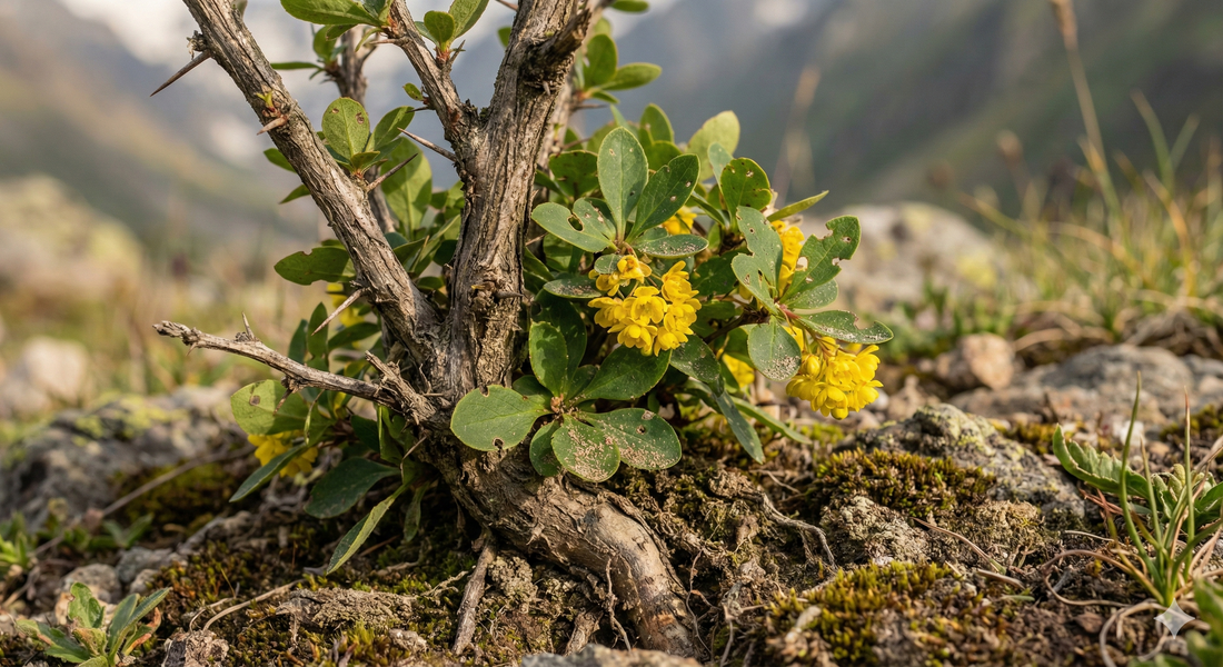 Berberis aristata (Indian barberry) plant growing in rocky Himalayan terrain, showing thorny woody stems and clusters of bright yellow flowers.