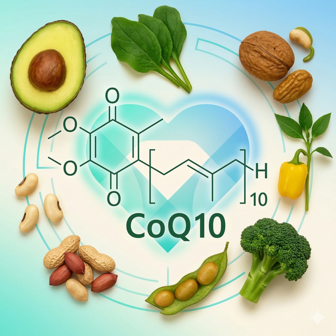 CoQ10 chemical structure surrounded by foods rich in CoQ10 like avocado, spinach, broccoli, nuts, and soybeans.