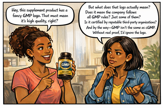 Comic-style illustration of two women discussing the meaning of a GMP logo on a dietary supplement bottle