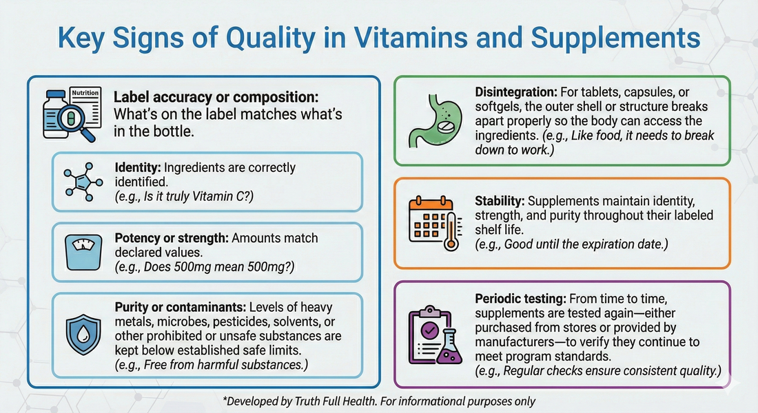 Infographic showing key signs of quality in vitamins and supplements, including label accuracy, identity, potency, purity, disintegration, stability, and periodic testing.