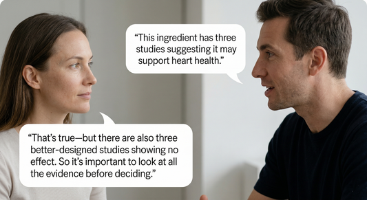 Two adults discussing supplement ingredient research and heart health, highlighting positive studies and conflicting evidence from higher-quality scientific studies