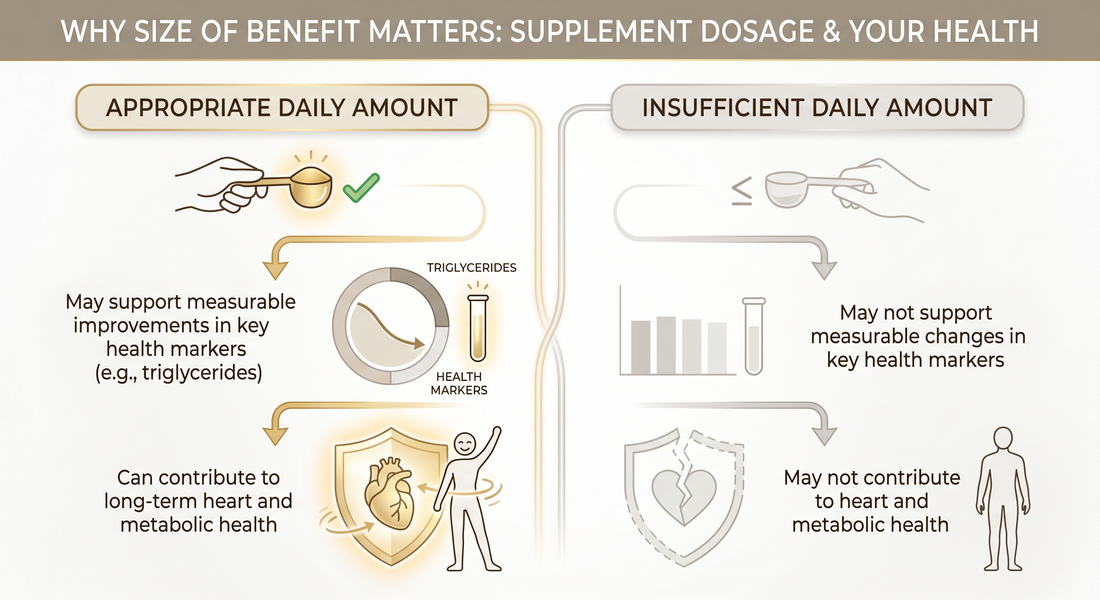 Infographic showing why supplement dosage matters, comparing appropriate vs insufficient daily intake and its impact on triglyceride levels, health markers, and long-term heart and metabolic health.