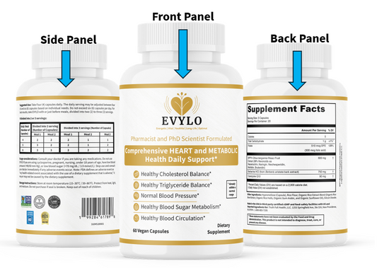 EVYLO Heart &amp; Metabolic Health supplement bottle showing front label, supplement facts, and dosage instructions.