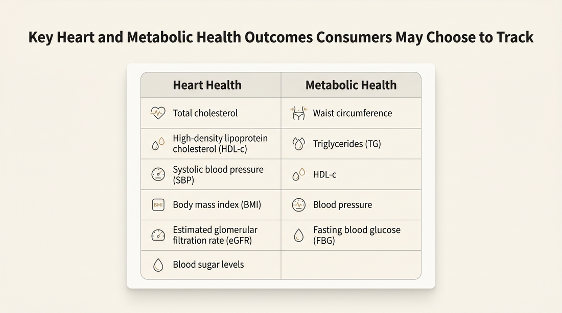 Infographic showing key heart and metabolic health outcomes consumers may track, including cholesterol, HDL-C, blood pressure, triglycerides, body mass index (BMI), waist circumference, eGFR, and blood sugar levels.