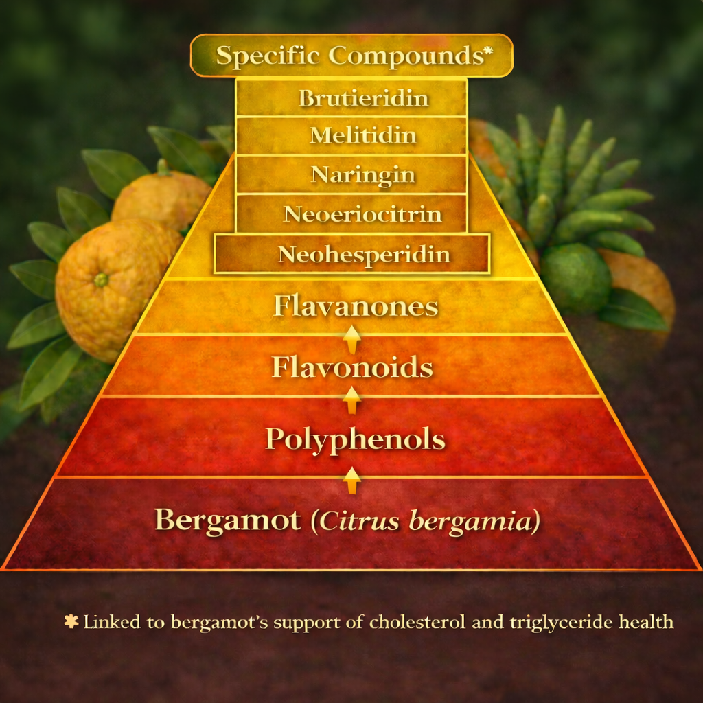 Bergamot (Citrus bergamia) compound pyramid showing the hierarchy of polyphenols, flavonoids, flavanones, and key compounds including brutieridin, melitidin, naringin, neoeriocitrin, and neohesperidin.