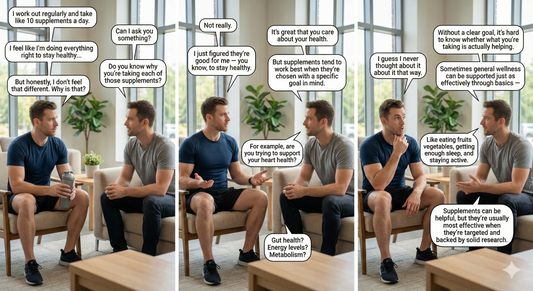 Educational gym conversation about evidence-based supplement choices, highlighting health goals and research-backed decisions.