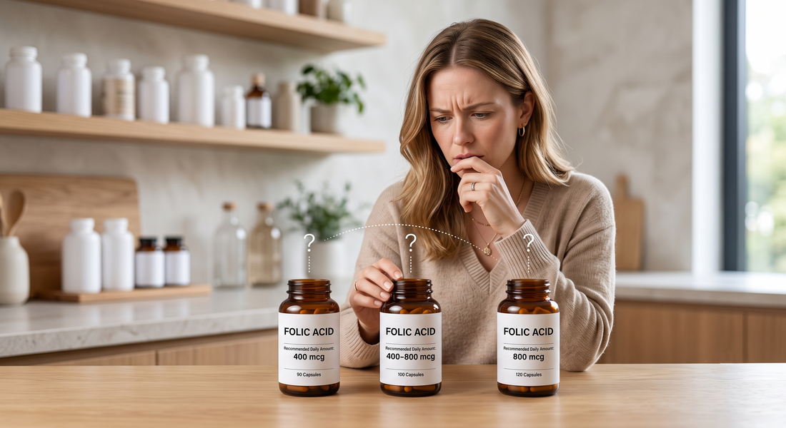 Confused supplement consumer comparing three folic acid products with different recommended daily amounts: 400 mcg, 400–800 mcg, and 800 mcg