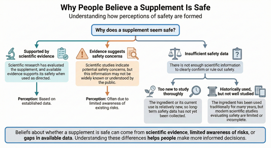 Supplement safety infographic showing how safety perceptions are shaped by scientific evidence, awareness of risks, and insufficient long-term data.