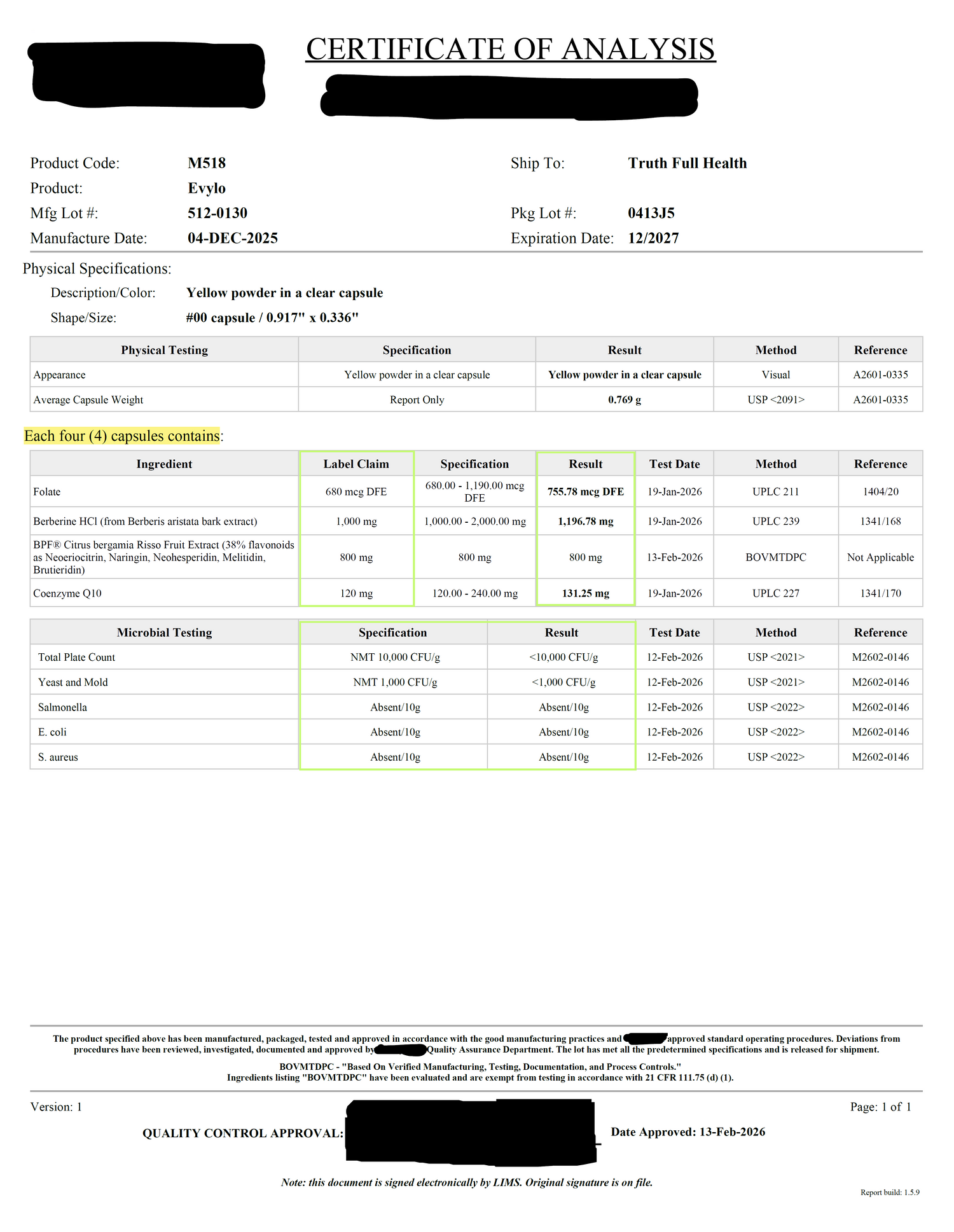 EVYLO supplement Certificate of Analysis (COA) showing ingredient potency for CoQ10, berberine, folate, bergamot and microbial testing results.