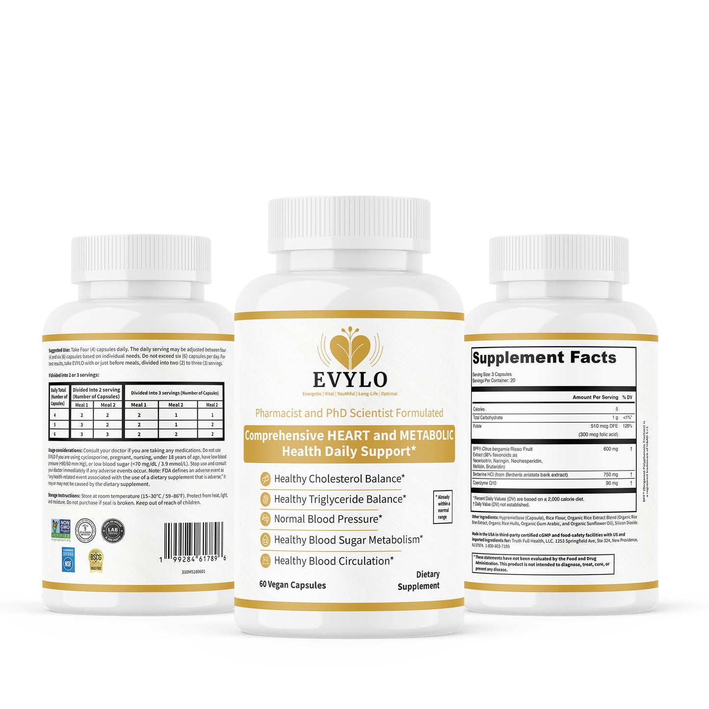 "EVYLO dietary supplement bottles showing front label, back label, and 
Supplement Facts panel for heart and metabolic wellness support."