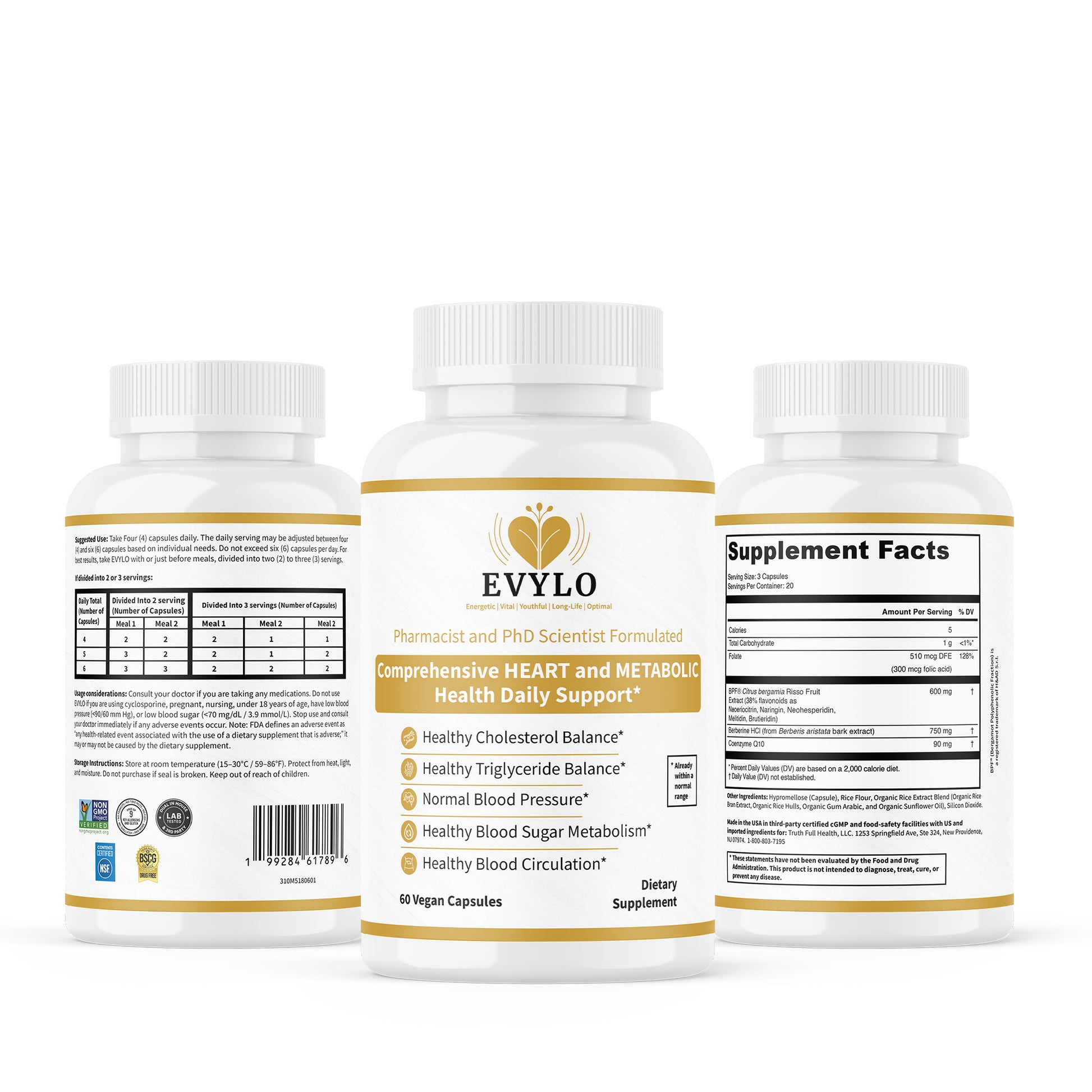 "EVYLO dietary supplement bottles showing front label, back label, and 
Supplement Facts panel for heart and metabolic wellness support."