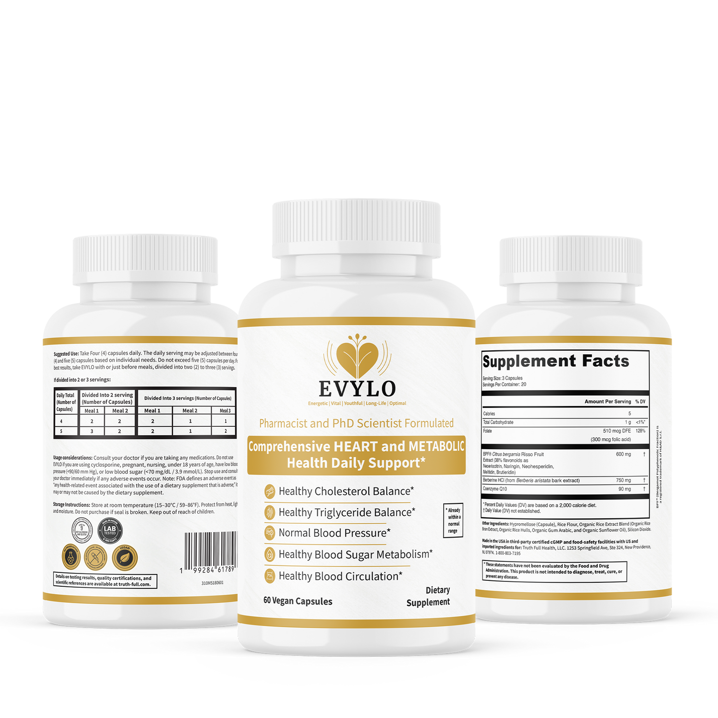 EVYLO dietary supplement bottles showing front label, back label, and 
Supplement Facts panel for heart and metabolic wellness support.