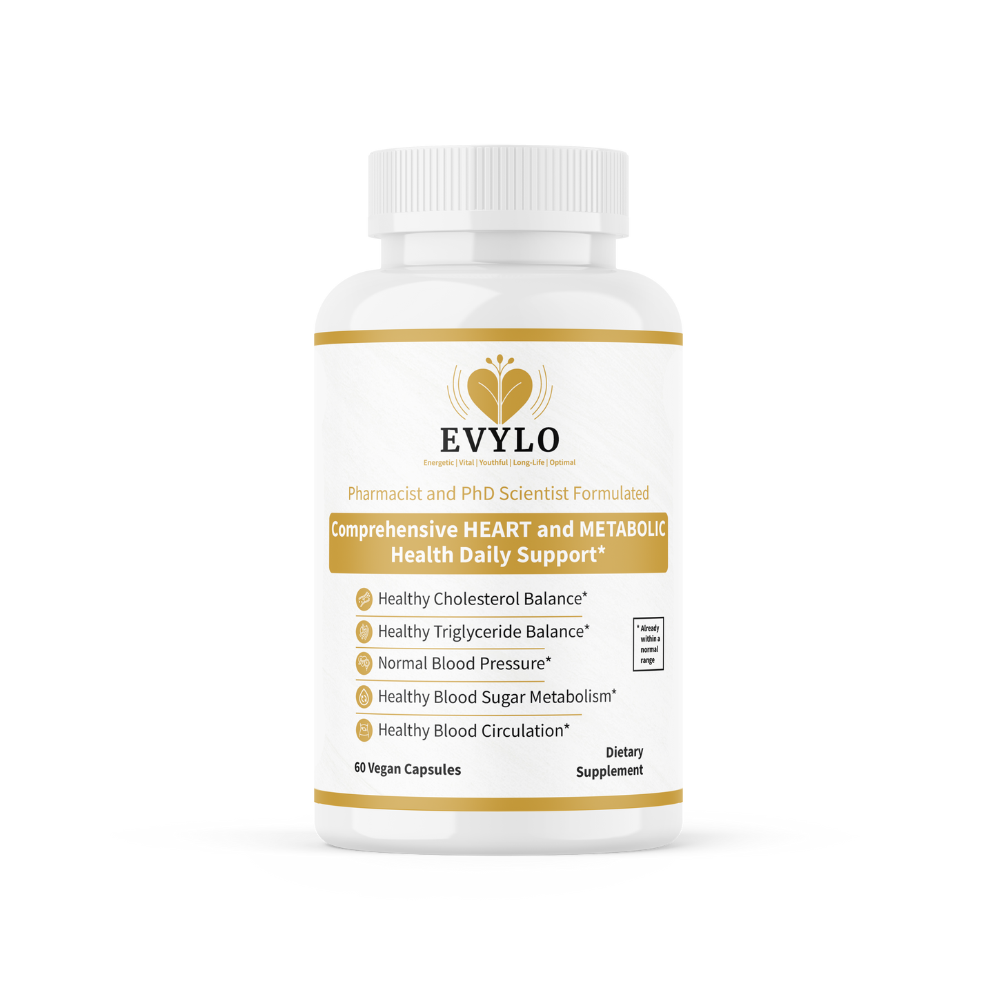 EVYLO dietary supplement bottle, 60 vegan capsules.