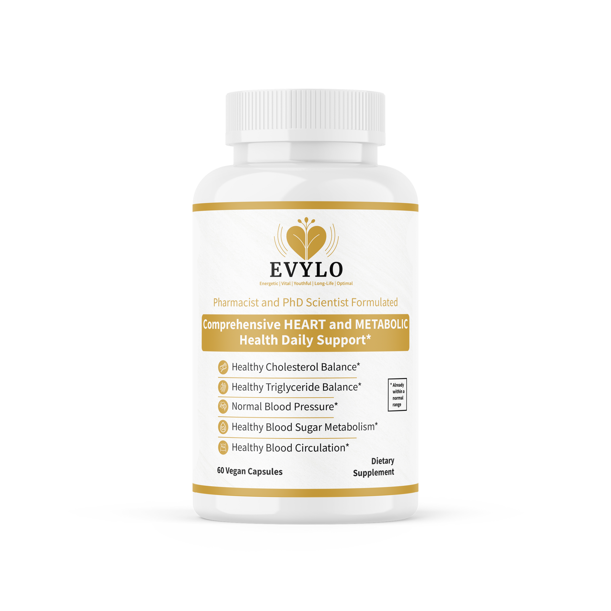 EVYLO dietary supplement bottle, 60 vegan capsules.