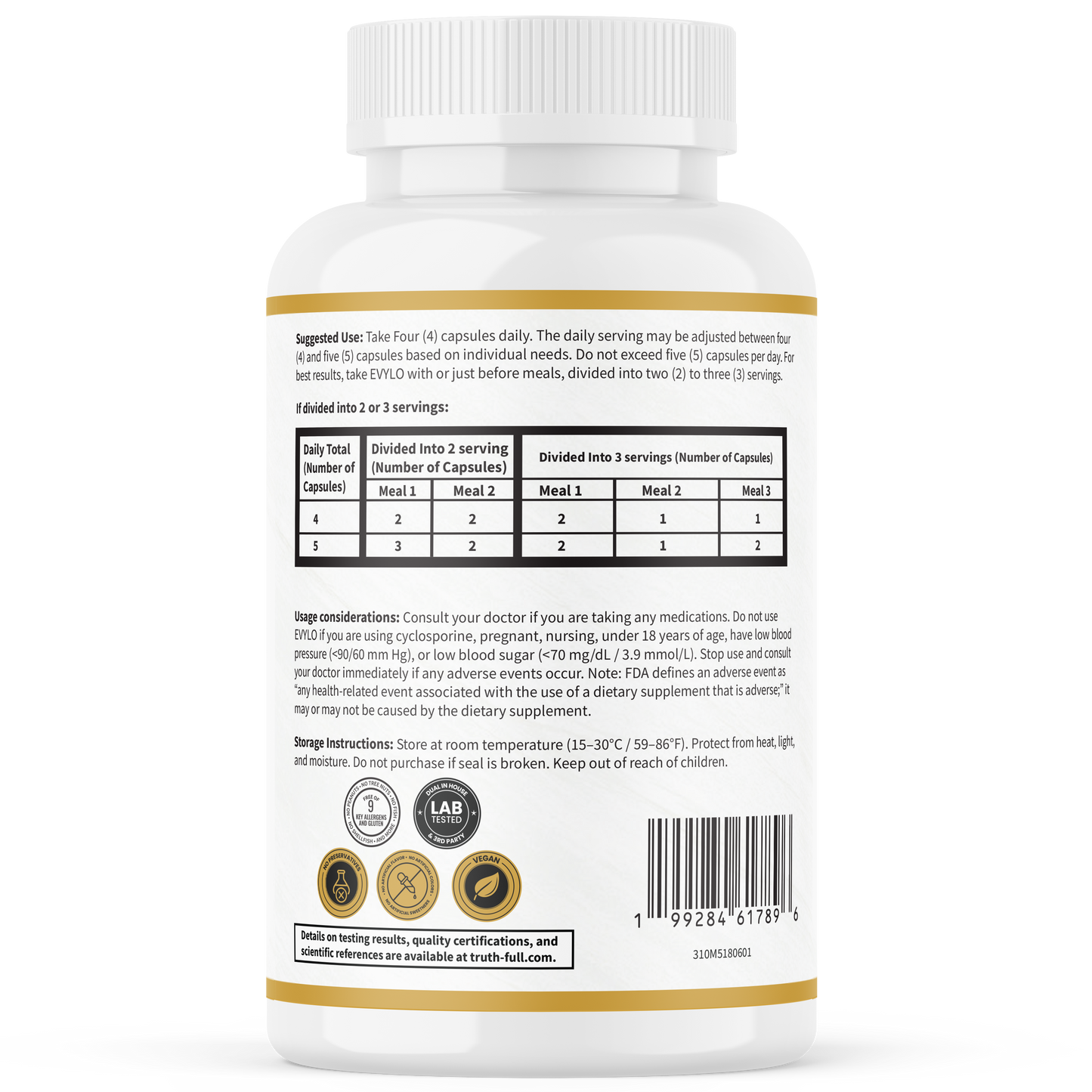 Back label of EVYLO dietary supplement bottle showing supplement facts, suggested use, icons for product features, and barcode.