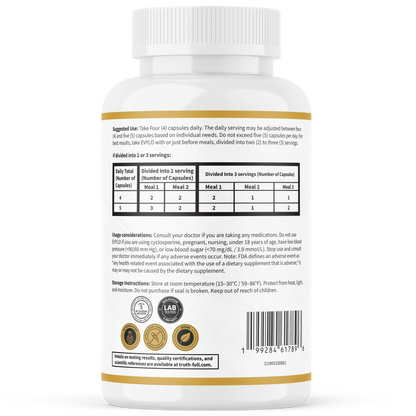 Back label of EVYLO dietary supplement bottle showing supplement facts, suggested use, icons for product features, and barcode.