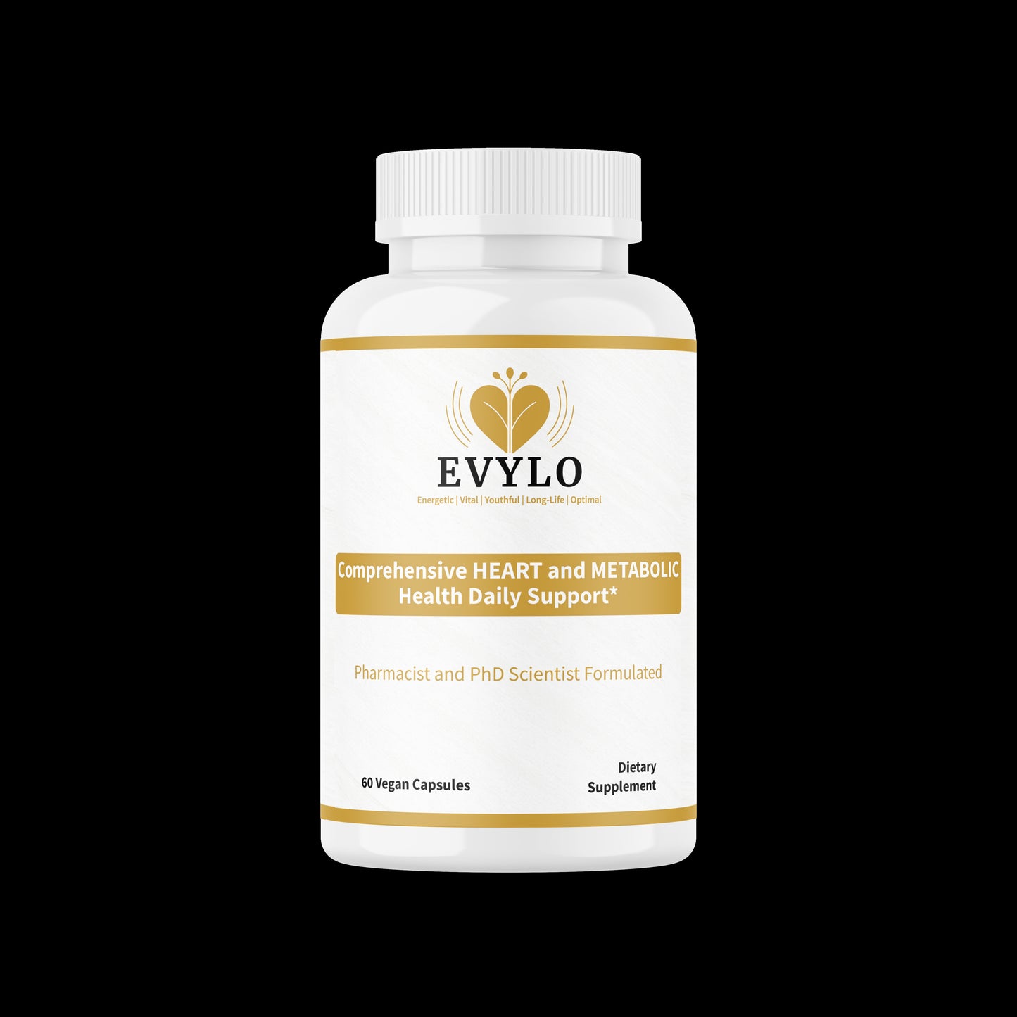 EVYLO dietary supplement bottle, 60 vegan capsules.