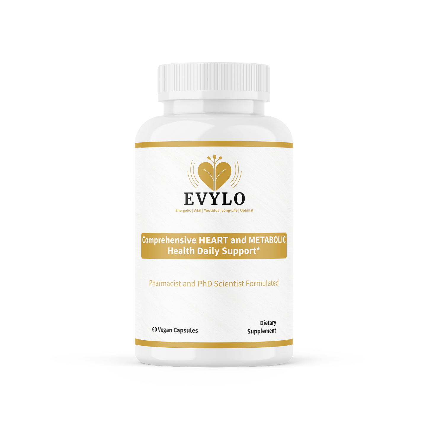 Supplement bottle labeled 'EVYLO' on a white background