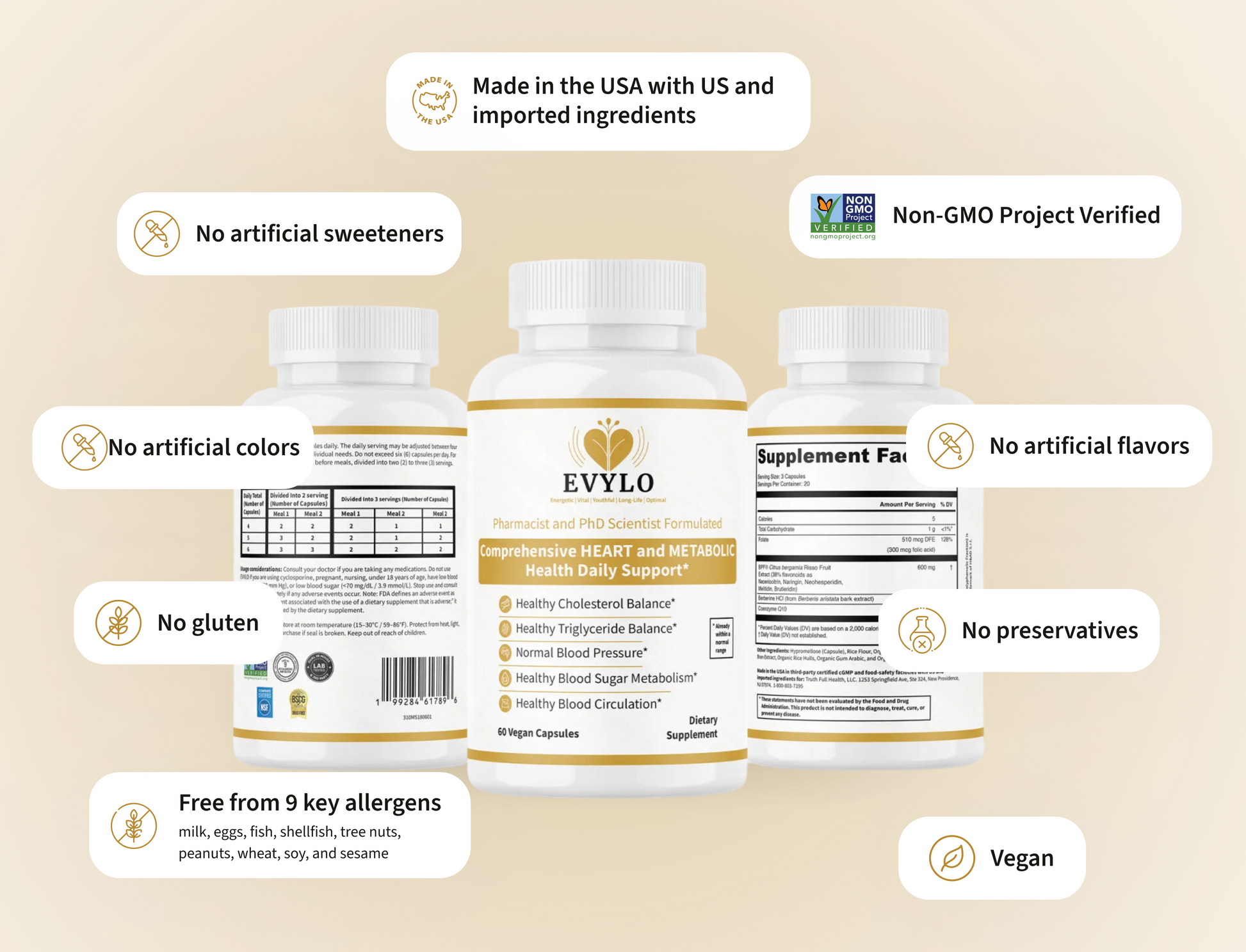 EVYLO Complete Heart and Metabolic Wellness dietary supplement bottles highlighting vegan capsules, non-GMO ingredients, made in the USA, and free from artificial additives, gluten, and major allergens.