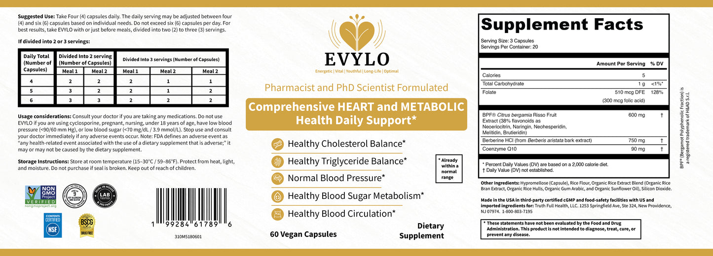 Expanded EVYLO dietary supplement label showing front and back label content, Supplement Facts panel, suggested use, icons of product features, and barcode.