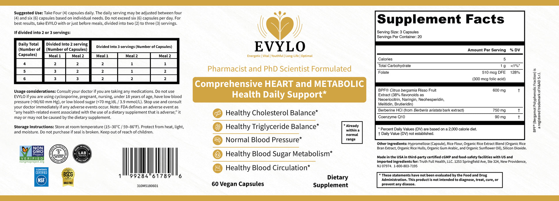 Expanded EVYLO dietary supplement label showing front and back label content, Supplement Facts panel, suggested use, icons of product features, and barcode.