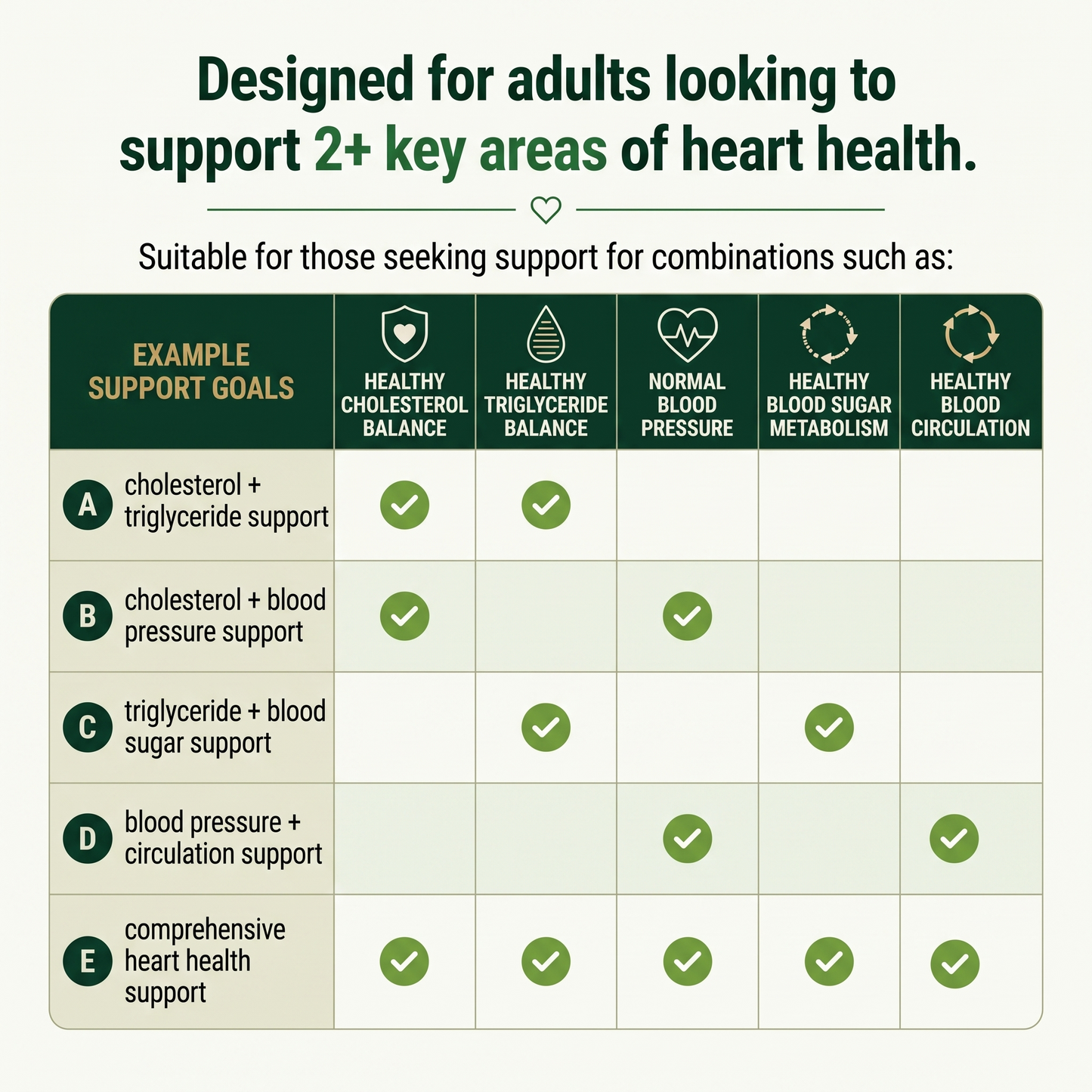 Chart showing example EVYLO target audiences seeking support for combinations of 2 or more heart health areas, such as cholesterol, triglycerides, blood pressure, blood sugar metabolism, and circulation.