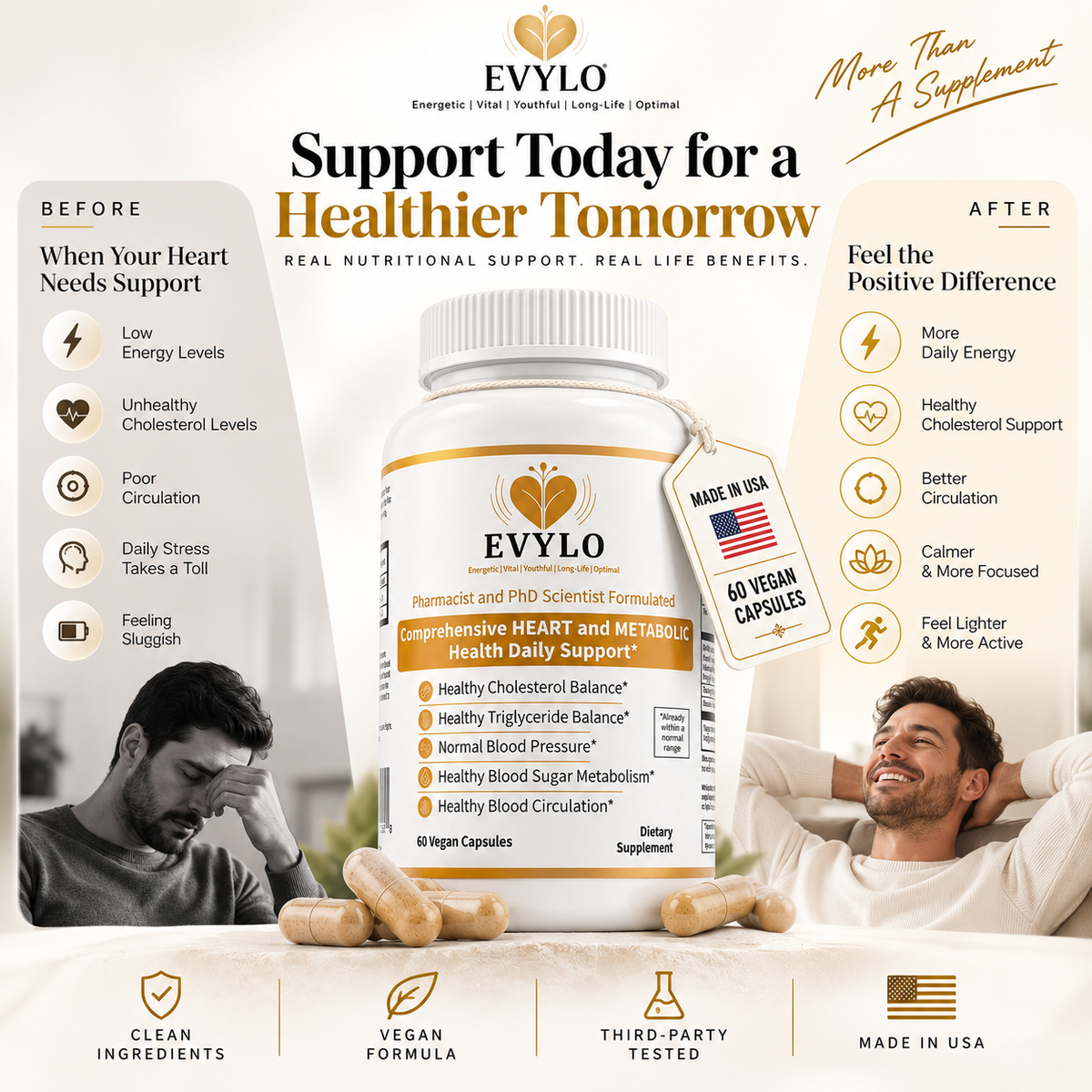 EVYLO heart and metabolic health supplement for healthy cholesterol, triglycerides, blood pressure, blood sugar, and circulation; 60 vegan capsules.