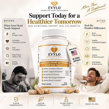 EVYLO heart and metabolic health supplement for healthy cholesterol, triglycerides, blood pressure, blood sugar, and circulation; 60 vegan capsules.
