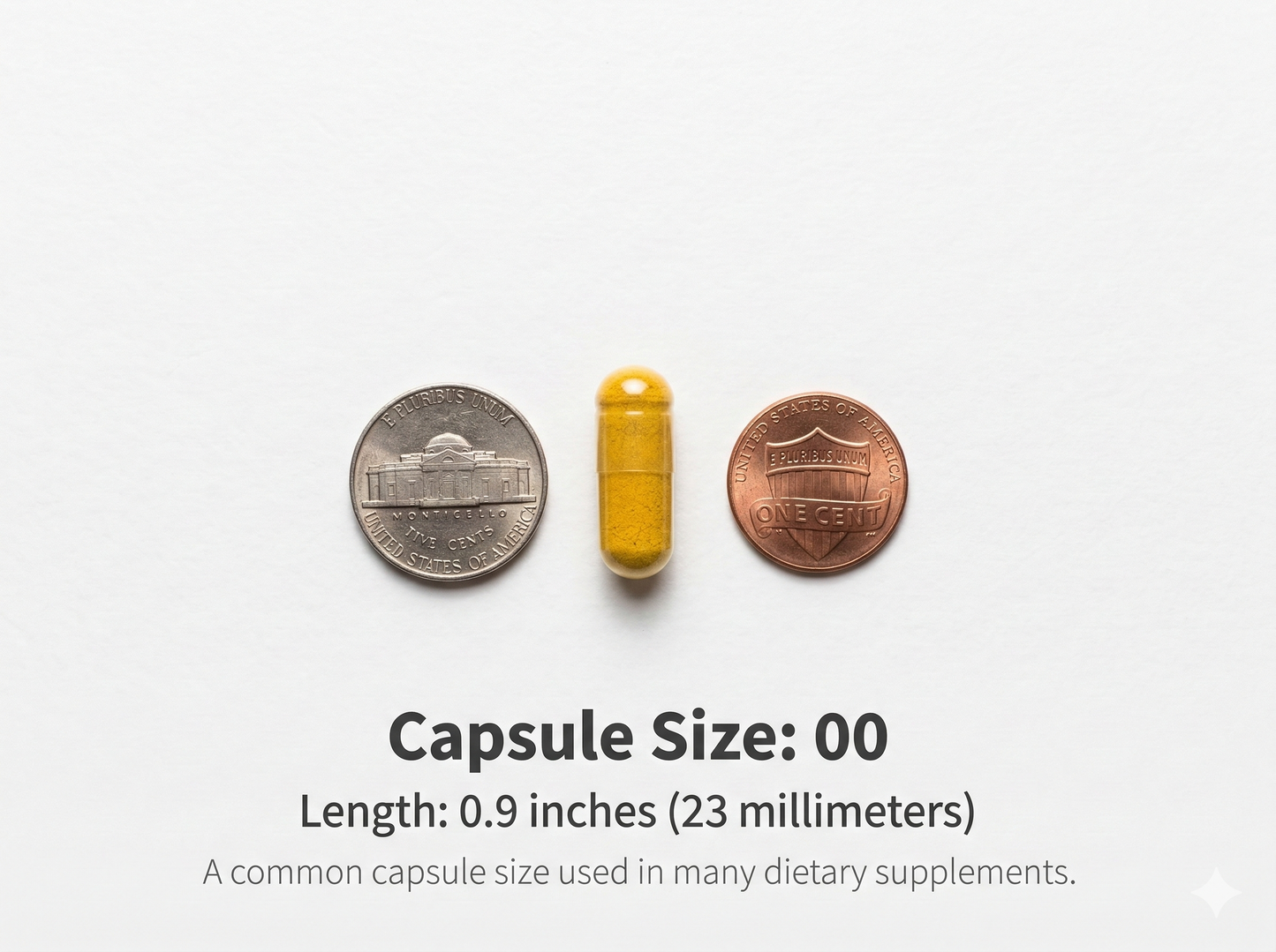 EVYLO size 00 supplement capsule shown with U.S. nickel and penny for scale, 23 mm (0.9 inch) length