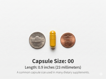 EVYLO size 00 supplement capsule shown with U.S. nickel and penny for scale, 23 mm (0.9 inch) length