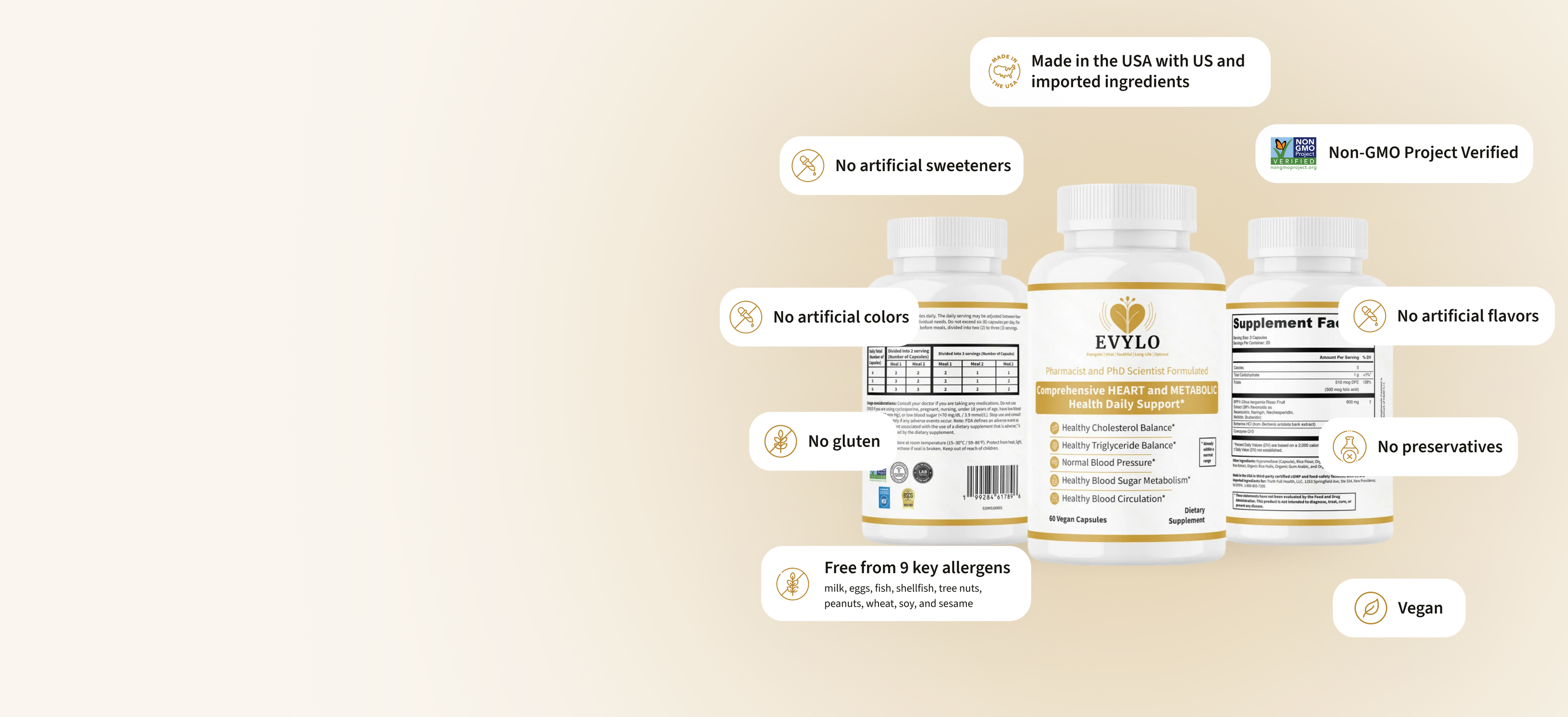 EVYLO Complete Heart and Metabolic Wellness dietary supplement bottles highlighting vegan capsules, non-GMO ingredients, made in the USA, and free from artificial additives, gluten, and major allergens.