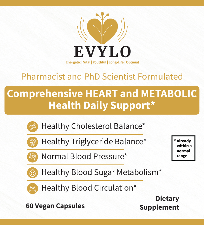 EVYLO complete heart and metabolic health dietary supplement front label listing cholesterol, triglycerides, blood pressure, blood sugar metabolism, and circulation support, 60 vegan capsules.