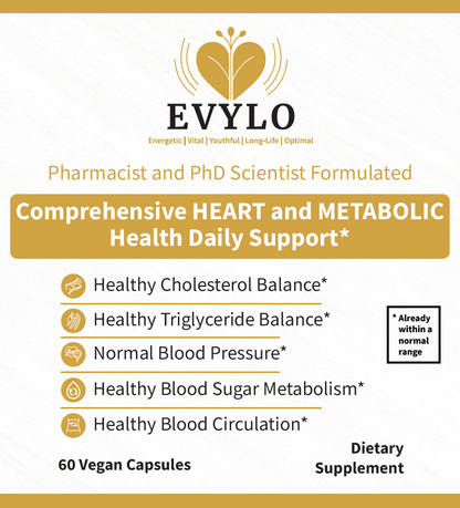 EVYLO complete heart and metabolic health dietary supplement front label listing cholesterol, triglycerides, blood pressure, blood sugar metabolism, and circulation support, 60 vegan capsules.