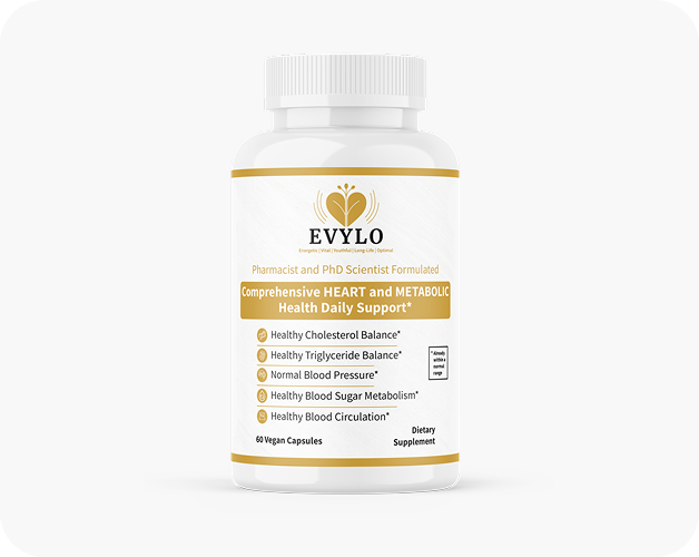 EVYLO dietary supplement bottle with 60 vegan capsules for complete 
heart and metabolic wellness support