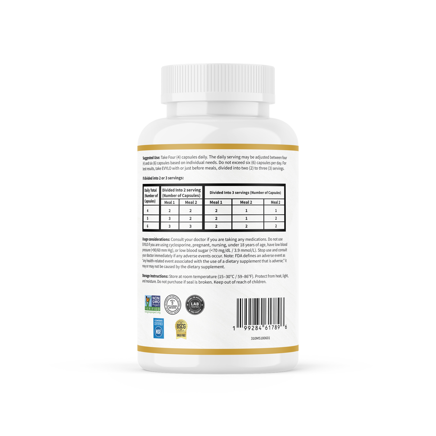 Back label of EVYLO dietary supplement bottle showing supplement facts, suggested use, icons for product features, and barcode.