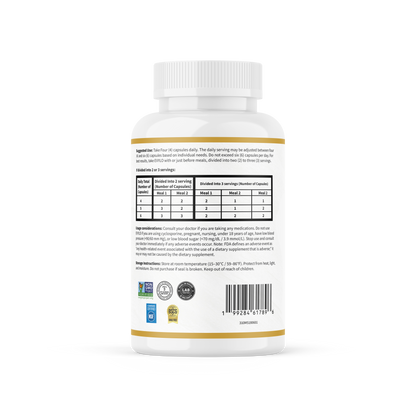 Back label of EVYLO dietary supplement bottle showing supplement facts, suggested use, icons for product features, and barcode.