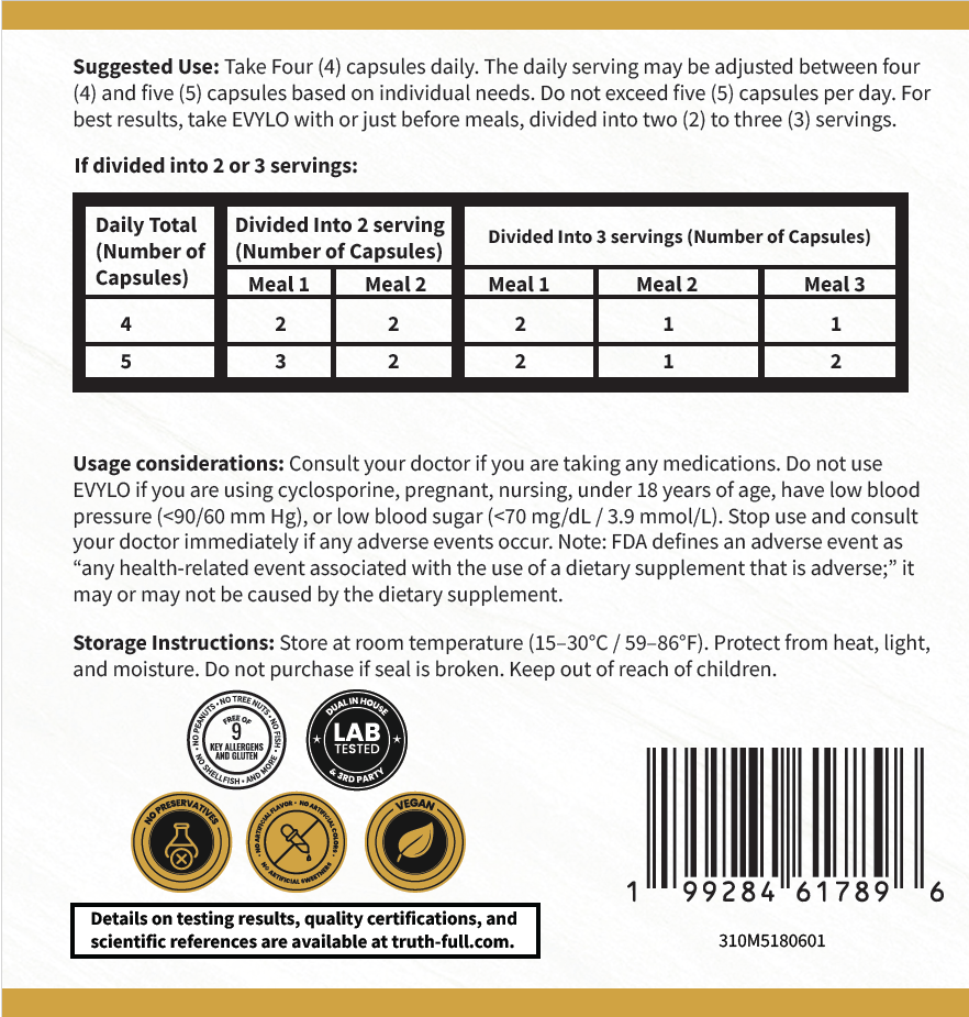 Back label of EVYLO dietary supplement bottle showing supplement facts, suggested use, icons for product features, and barcode.