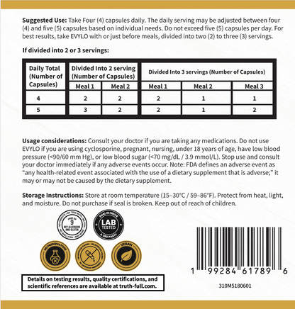 Back label of EVYLO dietary supplement bottle showing supplement facts, suggested use, icons for product features, and barcode.