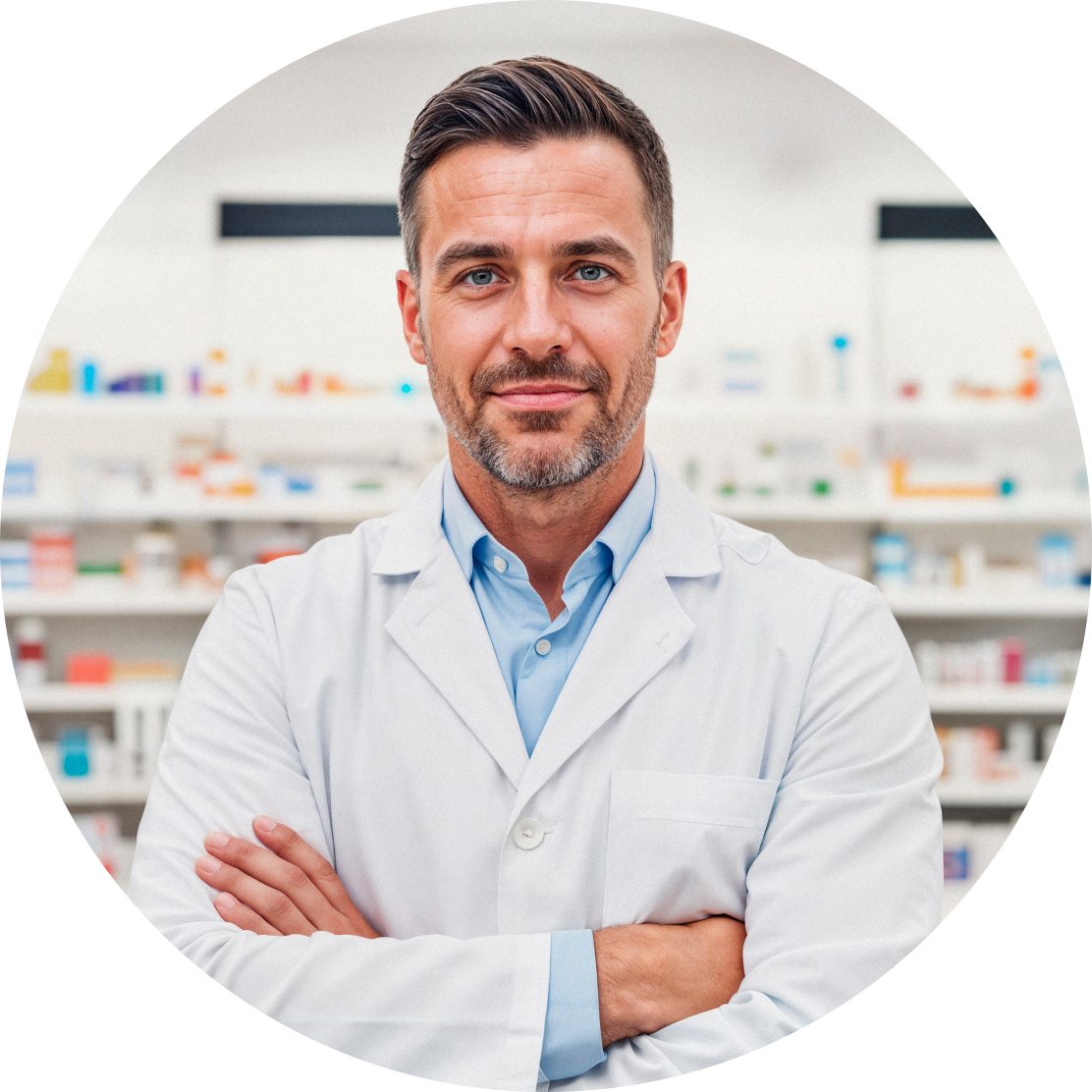Illustrative image of a pharmacist in a white lab coat representing the brand founder’s pharmacy and science-based formulation background.