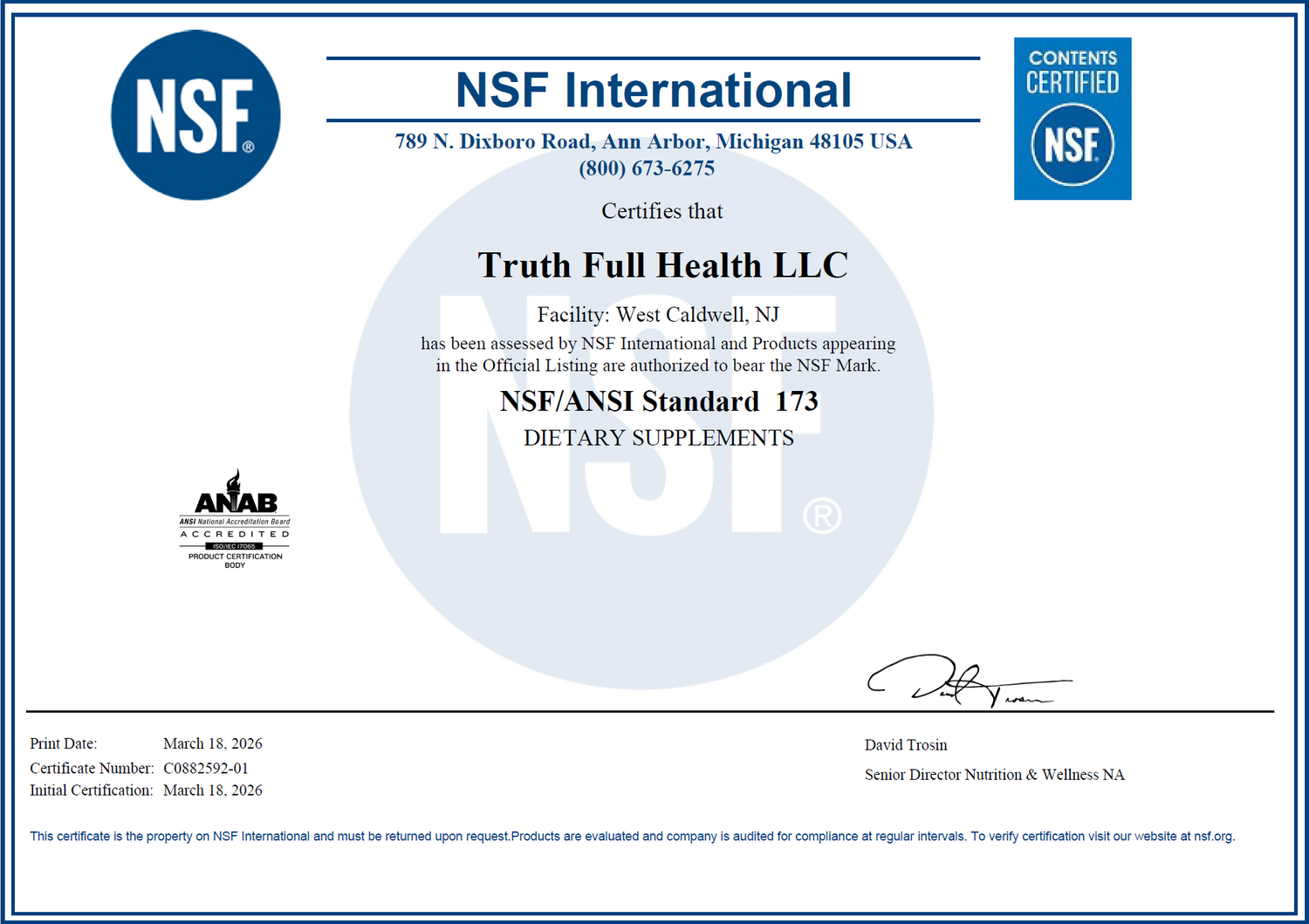 NSF certification issued to Truth Full Health LLC for dietary supplement products