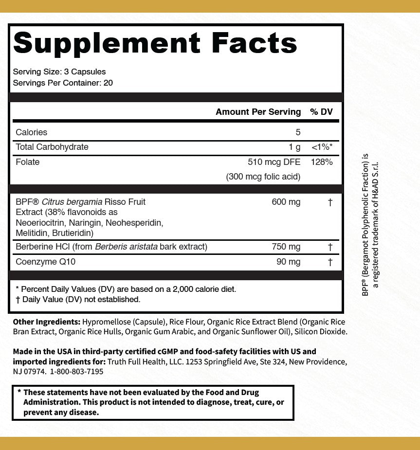 Supplement Facts label for EVYLO. Contains folic acid, BPF Citrus bergamia risso (bergamot) fruit extract, berberine HCl, and coenzyme Q10 (CoQ10).