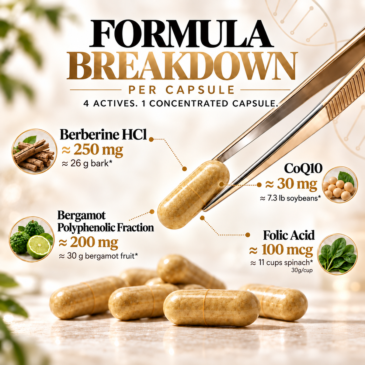 EVYLO formula breakdown with berberine HCl 250 mg, bergamot polyphenolic fraction 200 mg, CoQ10 30 mg, and folic acid 100 mcg per capsule.