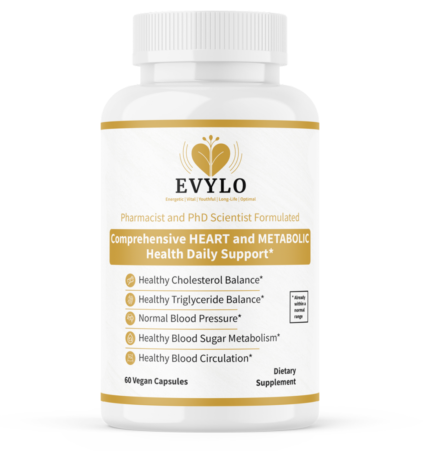 EVYLO dietary supplement bottle with 60 vegan capsules for complete 
heart and metabolic wellness support