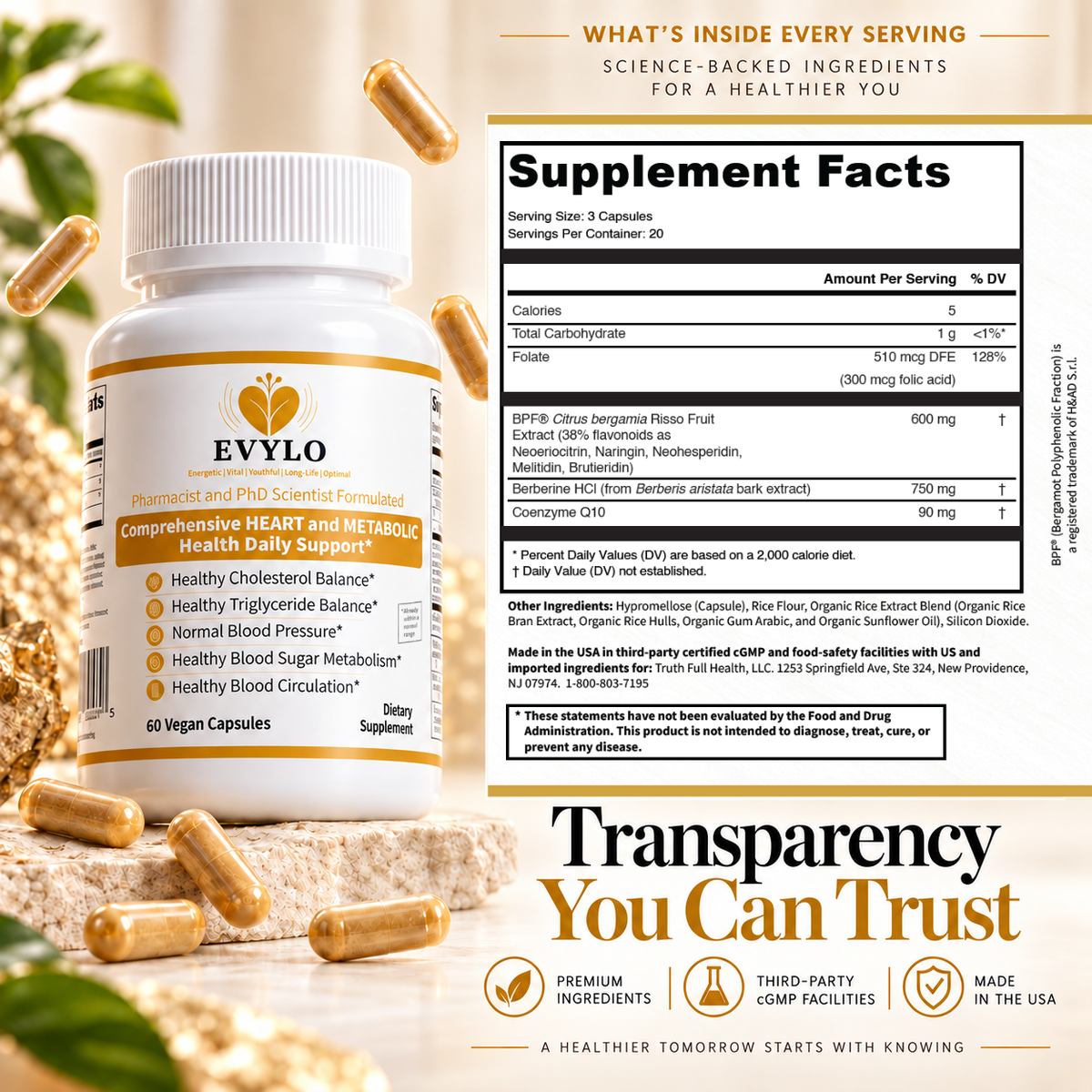 Supplement Facts label for EVYLO. Contains folic acid, Citrus bergamia risso fruit extract, berberine HCl, and coenzyme Q10.