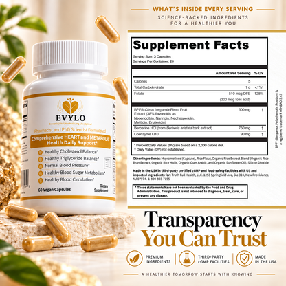 Supplement Facts label for EVYLO. Contains folic acid, Citrus bergamia risso fruit extract, berberine HCl, and coenzyme Q10.